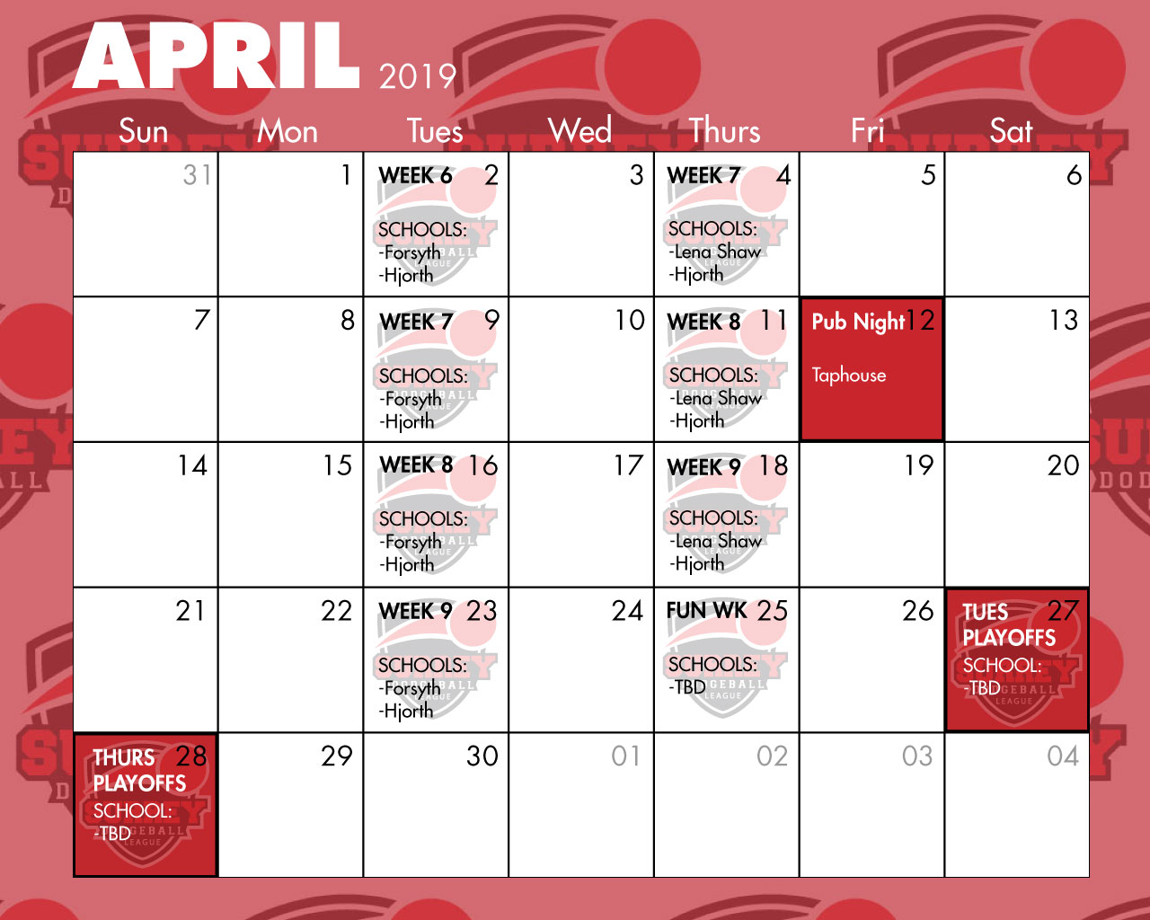 Calendar Surrey Dodgeball League